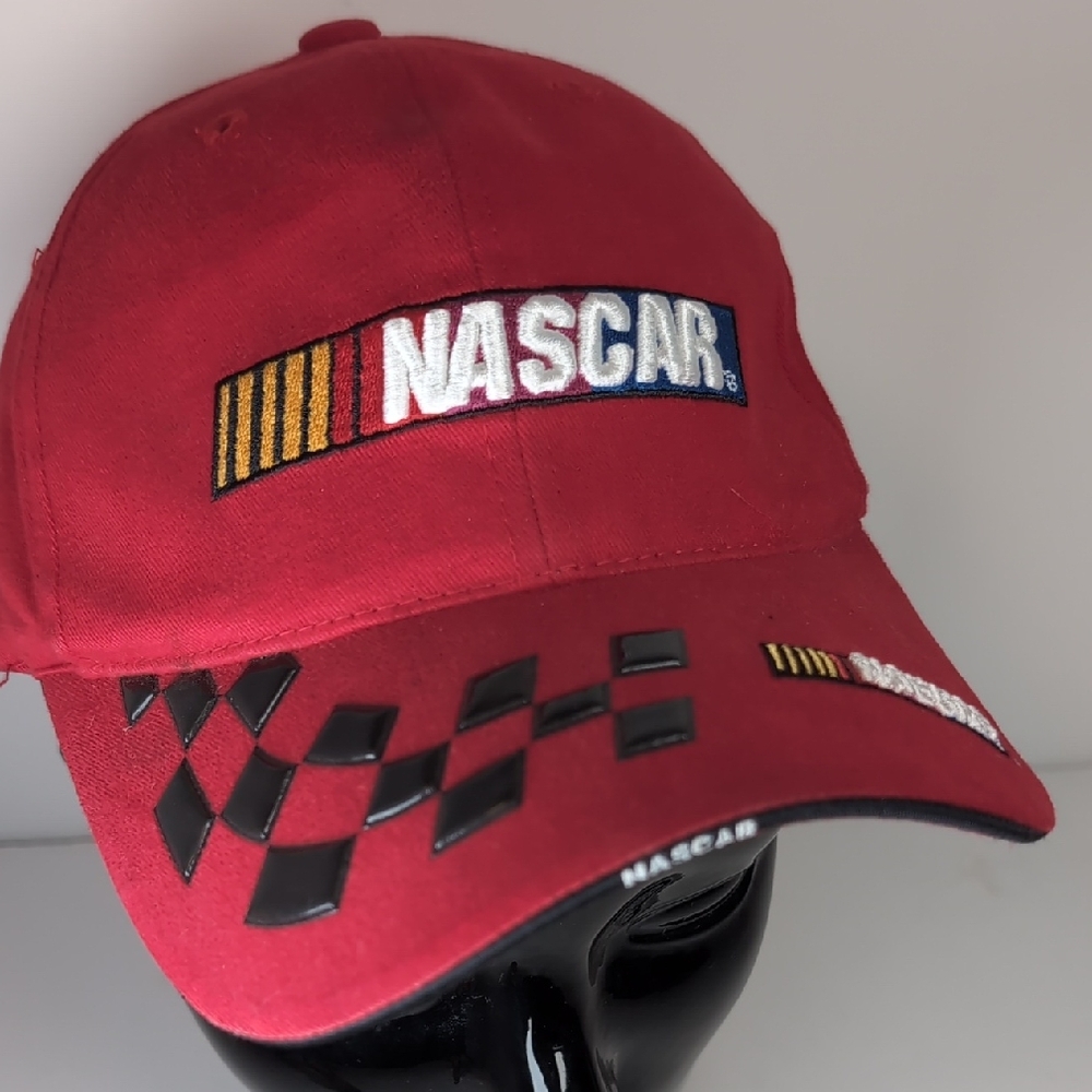 Nascar Red Cap with Checkered Pattern Adjustable Vintage.